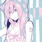  bad_id bad_pixiv_id blue_eyes breasts cleavage heart hood hoodie long_hair lowres megurine_luka ousaka_nozomi pink_hair ribbon small_breasts solo striped striped_background vocaloid 