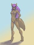  breasts canine clothed clothing female fluffy_tail hair looking_at_viewer mammal purple_eyes purple_hair senura skimpy swimsuit toned violet_hair wolf 