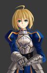  ahoge armor armored_dress artoria_pendragon_(all) blonde_hair breastplate dress excalibur fate/stay_night fate_(series) gauntlets green_eyes hair_ribbon hands_on_hilt highres ribbon saber shinn0512 simple_background solo 