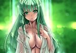  breasts cleavage green_eyes green_hair hand_on_own_chest kochiya_sanae large_breasts long_hair parted_lips saburou_(hgmg) see-through solo touhou wet wet_clothes 