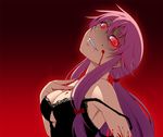  bare_shoulders blood bow breasts cleavage crazy gasai_yuno glowing glowing_eyes grin hair_bow hayashi_custom head_tilt long_hair medium_breasts mirai_nikki pink_hair purple_hair red_eyes smile solo strap_slip yandere 