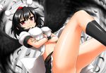  bare_legs belt black_hair black_legwear black_wings blush breasts crossed_arms dress_shirt hat kneehighs large_breasts legs looking_at_viewer midriff miniskirt navel open_clothes open_shirt red_eyes shameimaru_aya shiny shiny_skin shirt short_hair skirt smile solo tokin_hat touhou wings wrist_cuffs yazuki_gennojou 