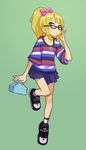  adjusting_eyewear blonde_hair bow glasses green_background hair_bow kyoudyu original pleated_skirt ponytail purple_eyes shirt shoes skirt sneakers socks solo striped striped_shirt 