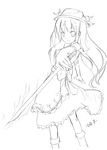  bad_id bad_pixiv_id food fruit greyscale hat hinanawi_tenshi long_hair looking_at_viewer monochrome peach sketch solo sunyukun sword touhou weapon 