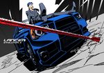  blue_hair car dutch_angle fate/stay_night fate_(series) formal gae_bolg ground_vehicle high_contrast kon_manatsu lancer long_hair male_focus mitsubishi_lancer_evolution mitsubishi_motors motor_vehicle object_namesake polearm ponytail red_eyes solo spear suit weapon 