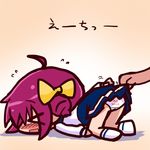  &gt;_&lt; :d ahoge blush bow chibi closed_eyes embarrassed english hair_bow hoshizora_miyuki ikkyuu nanairogaoka_middle_school_uniform open_mouth panties precure print_panties purple_hair school_uniform skirt skirt_lift smile smile_precure! socks solo top-down_bottom-up translated underwear xd 