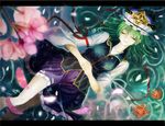  bad_id bad_pixiv_id closed_eyes flower green_hair hands_clasped hat letterboxed lying on_back own_hands_together partially_submerged petals ripples shiki_eiki short_hair skirt smile solo spider_lily touhou urabe_michiru water 