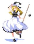  apron bamboo_broom blonde_hair blush broom full_body hand_on_headwear hat kirisame_marisa long_hair mini-hakkero okina_ika one_eye_closed open_mouth simple_background skirt smile solo touhou waist_apron white_background witch_hat yellow_eyes 