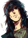  basilisk_(manga) black_eyes blue_hair chikuma_koshirou long_hair male_focus shirou_(j00630) simple_background solo sweatdrop translation_request white_background 