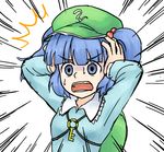  1girl backpack bag blue_eyes blue_hair emphasis_lines hair_bobbles hair_ornament hands_on_own_head hat kawashiro_nitori key lowres monosenbei open_mouth short_hair solo sweat touhou two_side_up 