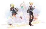  1girl bag blonde_hair blue_eyes green_eyes green_hair gumi kagamine_len kneehighs school_bag school_uniform short_hair skirt tama_(songe) traffic_light vocaloid white_legwear 