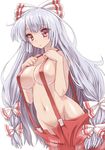  bow breasts fujiwara_no_mokou groin hair_bow hair_ribbon large_breasts long_hair naked_suspenders navel no_panties pants pants_pull pulled_by_self red_eyes revealing_clothes ribbon sibata silver_hair simple_background solo suspenders topless touhou very_long_hair white_background 