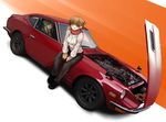  afukuro bad_id bad_pixiv_id car dutch_angle engine folded_ponytail ground_vehicle hat highres motor_vehicle multiple_girls nissan nissan_fairlady on_vehicle open_hood red_scarf ribbed_sweater scarf sitting sweater 