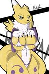  big_breasts big_thighs bikini bra breasts canine claws clothed clothing digimon female fox fur looking_at_viewer mammal nipples orange_fur parkdale renamon simple_background skimpy solo swimsuit thick_thighs thong underwear white_fur wide_hips 