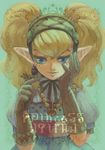  agitha bad_id bad_pixiv_id blonde_hair blue_eyes bug earrings gloves gothic_lolita grasshopper hand_on_own_face insect jewelry lolita_fashion necklace pointy_ears solo the_legend_of_zelda the_legend_of_zelda:_twilight_princess translated twintails yo_mo 