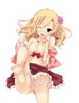  anus barefoot blonde_hair braid breasts flower frills garters green_eyes hair_ornament idolmaster idolmaster_cinderella_girls lying nipples no_panties one_eye_closed pussy rikudou_inuhiko sakurai_momoka side_braid small_breasts smile solo uncensored 