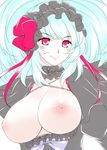  aqua_hair breasts breasts_outside choker flower frills hair_flower hair_ornament headdress large_breasts long_hair marilyn_catto nipples puffy_sleeves red_eyes simple_background smile solo super_robot_wars super_robot_wars_z2 tro upper_body 