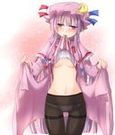  blush bow breasts crescent hair_bow hat long_hair lowleg lowleg_panties panties panties_under_pantyhose pantyhose patchouli_knowledge purple_eyes purple_hair ram_hachimin ribbon small_breasts solo thighband_pantyhose touhou underboob underwear very_long_hair 