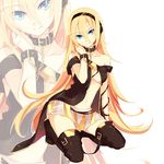  bad_id bad_pixiv_id black_legwear blonde_hair blue_eyes cable collar colorized flapper_shirt headphones hinatori_a lily_(vocaloid) long_hair midriff off_shoulder shirt sitting skirt smile solo thighhighs very_long_hair vocaloid zoom_layer 