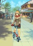  6+boys bicycle cloud coat copyright_request day fur_trim gloves ground_vehicle hat multiple_boys red_scarf ryouta_(netjam) scarf skirt tree 
