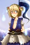  arms_behind_back blonde_hair blue_dress collarbone cosplay dress flat_chest hair_bobbles hair_ornament harusame_(unmei_no_ikasumi) hitodama looking_at_viewer lunasa_prismriver onozuka_komachi onozuka_komachi_(cosplay) open_clothes open_shirt scythe shirt short_sleeves solo sweatdrop touhou two_side_up yellow_eyes 
