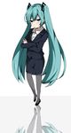  :t aqua_eyes aqua_hair crossed_arms formal hatsune_miku jacket lolicon_de_yokatta_(vocaloid) long_hair looking_at_viewer nekoame pantyhose pencil_skirt simple_background skirt skirt_suit solo suit twintails very_long_hair vocaloid 