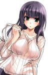  bag black_hair breasts green_eyes highres holding large_breasts long_hair original parted_lips purple_hair ribbed_sweater shoulder_bag simple_background solo sweater tokita_monta white_background 