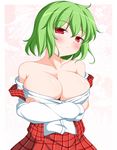  :&lt; bare_shoulders blush breasts cleavage crossed_arms embarrassed green_hair highres kazami_yuuka large_breasts looking_at_viewer md5_mismatch nikku_(ra) no_bra off_shoulder red_eyes short_hair simple_background solo touhou upper_body 