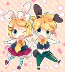  1girl animal_ears bad_id bad_pixiv_id blonde_hair blue_eyes bow brother_and_sister bunny_ears chibi diagonal_stripes hair_ornament hairclip kagamine_len kagamine_rin one_eye_closed ousaka_nozomi siblings skirt standing standing_on_one_leg star striped striped_background striped_legwear thighhighs twins vocaloid 