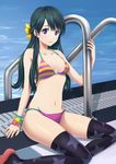  bikini black_hair blush body_blush bow breasts cleavage drain_(object) frown groin hair_bow highres leizhong long_hair looking_at_viewer medium_breasts nail_polish navel original pool pool_ladder poolside print_legwear purple_eyes shiny shiny_skin sitting skindentation solo star star_print strap_gap striped striped_bikini swimsuit thighhighs wristband yokozuwari 