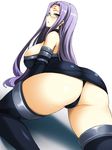 ass bare_shoulders breasts brown_eyes elbow_gloves fate/stay_night fate_(series) glasses gloves large_breasts long_hair panties purple_hair rider simple_background solo thighhighs thong underwear upskirt wakame white_background 