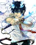  ao_no_exorcist black_eyes blue_fire fire flaming_sword glowing glowing_weapon holding holding_sword holding_weapon katana male_focus necktie okumura_rin pointy_ears shirou_(j00630) shirt solo striped striped_neckwear sword tail unsheathed weapon 