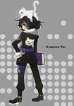  alternate_costume animal animal_on_head bad_id bad_pixiv_id black_eyes black_hair book cat cat_on_head character_name coat conway_tau full_body grey_background hand_on_hip kusakari looking_back male_focus on_head pants shoes smile solo tales_of_(series) tales_of_innocence tales_of_innocence_r 
