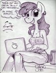  anthrofied apple_bloom_(mlp) apple_inc. applebloom_(mlp) areola breasts cleavage clothed clothing computer dialog english_text equine female friendship_is_magic frown horse humor jeans king-cheetah laptop mammal my_little_pony nipples pony pun shirt solo tank_top text translucent transparent_clothing 