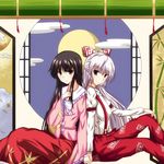  bamboo black_hair brown_eyes cloud fujiwara_no_mokou full_moon hair_ribbon holding_hands houraisan_kaguya moon multiple_girls naba_(take_tonbo) pants red_eyes ribbon round_window silhouette skirt sliding_doors smile suspenders touhou window 