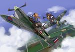  aerial_battle battle bf_109 boots braid cloud day dogfight flying garter_straps gloves goggles hat iron_cross military multiple_girls original pleated_skirt riding skirt spitfire_(airplane) thighhighs tokihama_jirou twin_braids world_war_ii zettai_ryouiki 