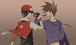  bad_id bad_pixiv_id baseball_cap black_hair brown_hair fingerless_gloves gloves hat hiyokko_ep holding holding_poke_ball jacket jewelry multiple_boys navel necklace ookido_green poke_ball pokemon pokemon_(game) pokemon_rgby red_(pokemon) red_(pokemon_rgby) 