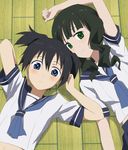  black_hair black_rock_shooter blue_eyes from_above green_eyes komatsu_(sakanae) kuroi_mato looking_at_viewer looking_up lying multiple_girls on_back school_uniform serafuku short_hair short_twintails smile takanashi_yomi twintails 