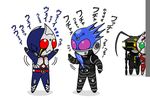  actor_connection antennae arms_up belt kamen_rider kamen_rider_blade kamen_rider_blade_(series) kamen_rider_fourze_(series) kamen_rider_garren kamen_rider_meteor libra_zodiarts multiple_boys peeking_out redol staff translated 