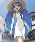  bad_id bad_pixiv_id blue_hair day domo1220 dress dutch_angle eyewear_hang from_below glasses guard_rail hat hatsune_miku house jpeg_artifacts long_hair lowres open_mouth shirt sky solo sun_hat sundress sunglasses twintails very_long_hair vocaloid 