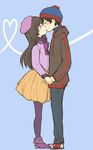  1girl black_hair closed_eyes couple hat hetero jacket kataro kiss long_hair pantyhose smile south_park stan_marsh wendy_testaburger 