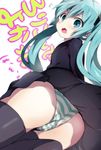  1girl aqua_eyes aqua_hair ass commentary from_behind hatsune_miku lolicon_de_yokatta_(vocaloid) long_hair looking_back nekoame open_mouth panties skirt solo striped striped_panties thighhighs translated twintails underwear vocaloid 
