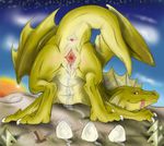  egg female feral looking_at_viewer narse oviposition presenting pussy raised_tail scalie silowyi solo thick_tail wings yellow_body yellow_dragon 
