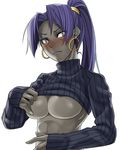  abs areola_slip areolae asashin_(kazami-tomo) assassin_(fate/zero) bad_id bad_pixiv_id black_skin blush breasts brown_eyes clothes_lift dark_skin earrings fate/zero fate_(series) female_assassin_(fate/zero) grey_skin high_ponytail hoop_earrings jewelry large_breasts lips lipstick long_hair makeup no_bra ponytail purple_hair purple_lipstick ribbed_sweater simple_background sleeves_past_wrists solo sweater sweater_lift turtleneck underboob white_background 