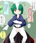  1girl :o antennae brown_eyes green_hair hentai_kamen inverted_costume object_on_head panties panties_on_head pussy short_hair solo stain sukedai torn_clothes touhou translation_request underwear wardrobe_error wriggle_nightbug 