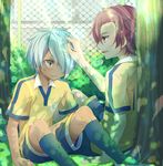  aqua_hair bad_id bad_pixiv_id brown_eyes brown_hair fence hand_on_another's_head inazuma_eleven_(series) inazuma_eleven_go izumi39 kurama_norihito lightning_bolt male_focus minamisawa_atsushi multiple_boys raimon raimon_soccer_uniform shorts sitting smile soccer_uniform sportswear tree yellow_eyes 