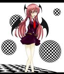  akisome_hatsuka arms_behind_back bat_wings breasts checkered dress_shirt head_wings koakuma letterboxed long_hair low_wings medium_breasts necktie red_eyes red_hair red_neckwear shirt skirt skirt_set solo touhou very_long_hair vest wings 