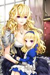  apron blonde_hair breasts child cleavage clenched_hand cocoon_(loveririn) dress earrings empress_pacifica expressionless frills gloves hairband jewelry linia_pacifica long_hair lowres mother_and_daughter multiple_girls necklace open_mouth red_eyes ribbon sitting sitting_on_lap sitting_on_person small_breasts smile sword_girls wavy_hair window younger 