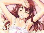  1girl armpits arms_up bare_shoulders bed blush brown_hair bust camisole casual collarbone cum cum_in_mouth cum_on_body cum_on_upper_body eyes_closed female game_cg hair_between_eyes hands indoors long_hair lying mebae_(game) nonohara_miki on_back open_mouth pillow red_hair sakura_anna sleeping solo upper_body wavy_hair 
