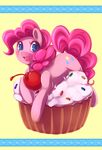  blush cake cherry cutie_mark equine female feral food friendship_is_magic hair horse looking_at_viewer mammal my_little_pony open_mouth pink_hair pinkie_pie_(mlp) pony smile solo spazzykoneko 